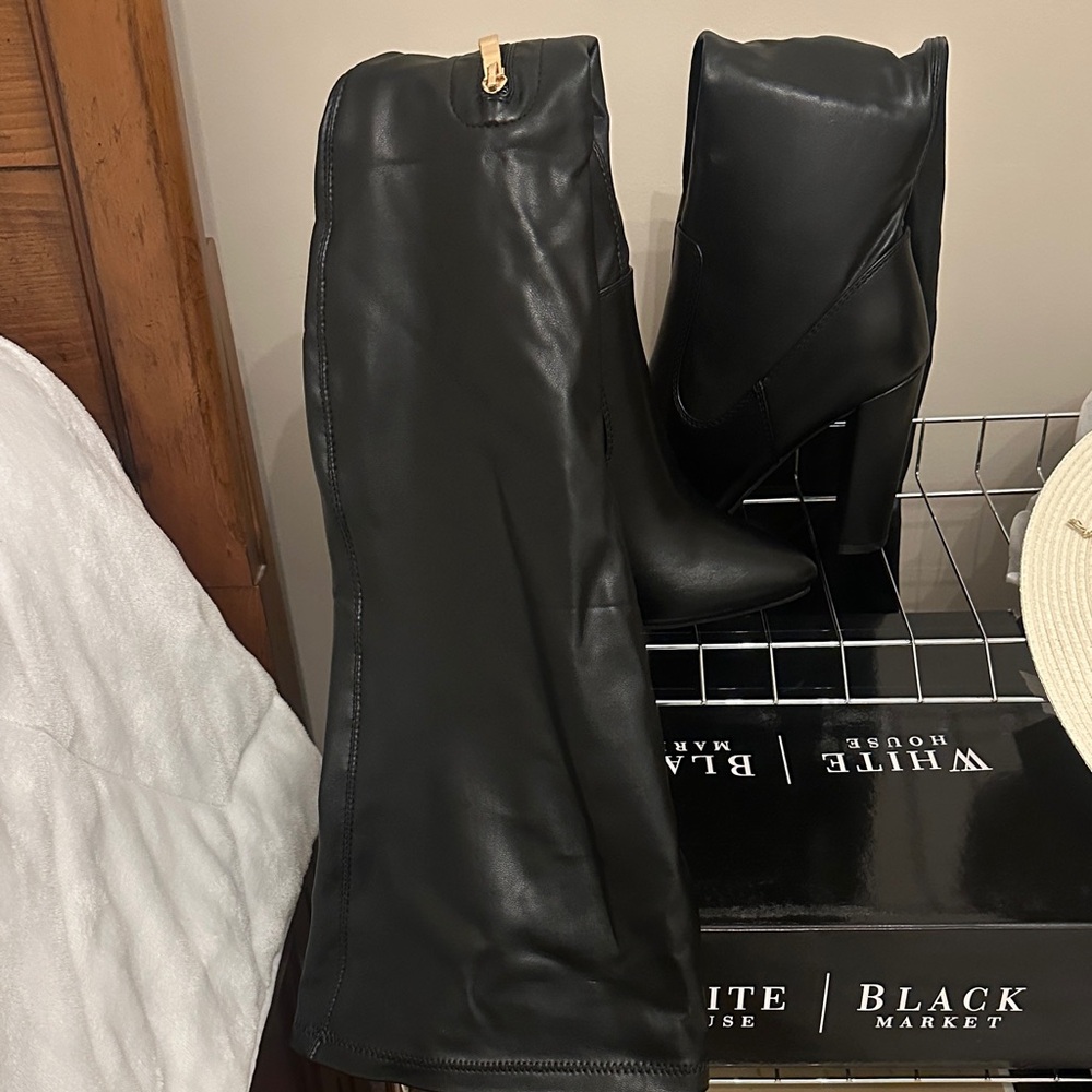 Black Thigh High Chunky Heel Stretch Boots